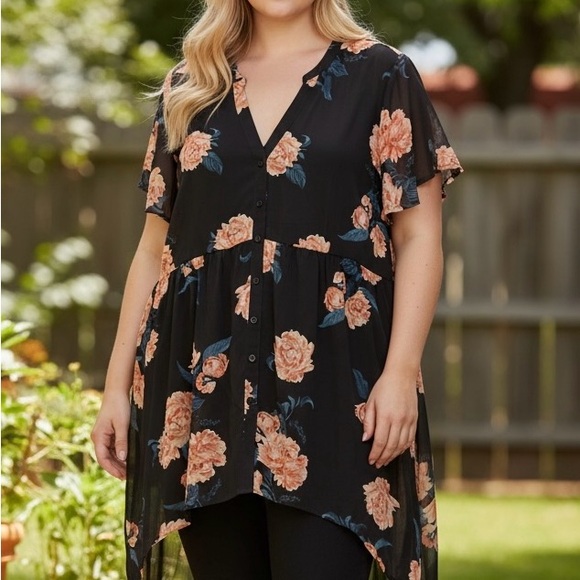 Torrid Black Floral High-Low Chiffon Tunic Blouse | Like New | Size 2X (18/20) - Picture 4 of 5
